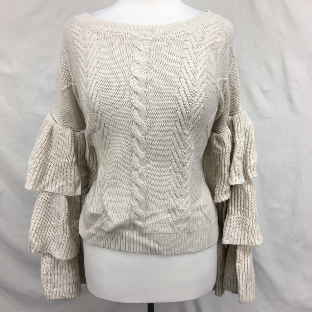 Elan Oatmeal Beige Tiered Ruffle Sleeve Sweater